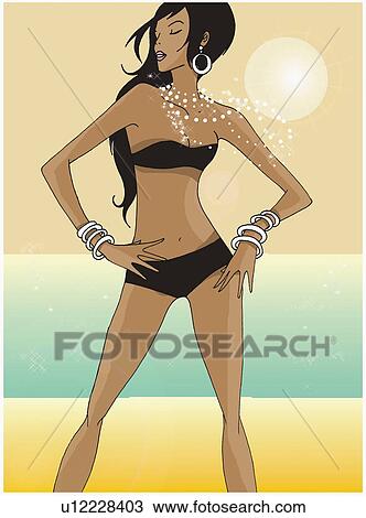 Drawing - Woman on beach with bikini and jewelry. Fotosearch