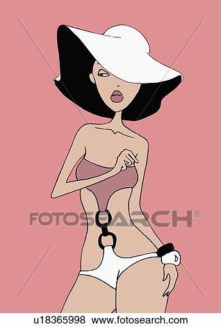 Stock Illustration - Woman posing in fashionable one-piece bathing suit and hat. Fotosearch