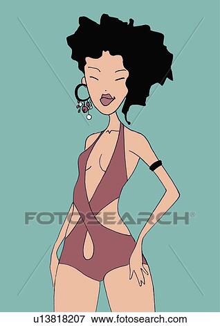 Stock Illustration - Woman posing in one-piece bathing suit. Fotosearch