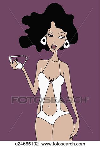 Woman posing in white one-piece bathing suit holding sunglasses View Large Illustration Drawing - Woman posing in white one-piece bathing suit holding sunglasses. Fotosearch