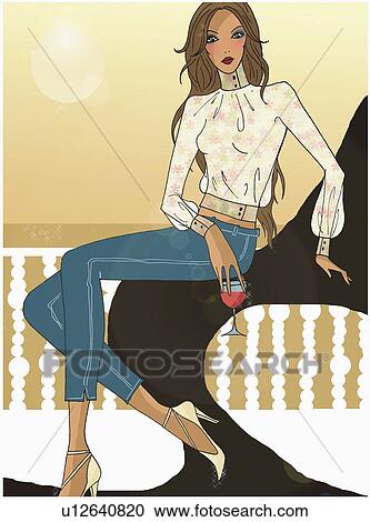 Clipart - Woman sitting on a balcony with a glass of wine. Fotosearch