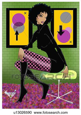 Clipart - Woman sitting on stool with a martini at her feet. Fotosearch