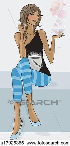 Woman sitting with a martini and an ice bucket View Large Illustration Stock Illustration - Woman sitting with a martini and an ice bucket. Fotosearch
