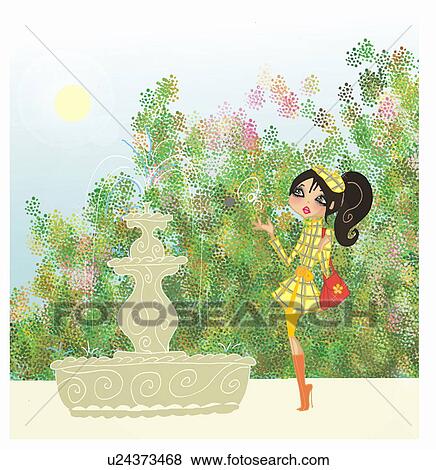 Stock Illustration - Woman tossing penny into a fountain in a park. Fotosearch