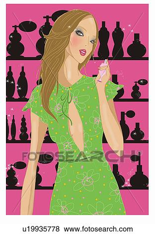 Stock Illustration - Woman trying on perfume in a store. Fotosearch