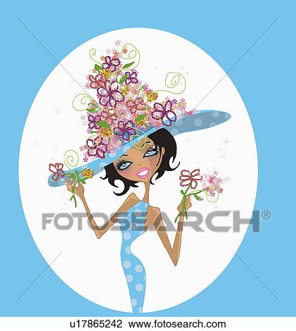 Woman wearing a flower hat View Large Illustration Drawing - Woman wearing a flower hat. Fotosearch