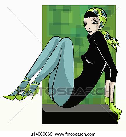 Drawing - Woman with a scarf on her head sitting. Fotosearch