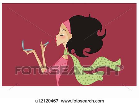Stock Illustration - Woman with headband and scarf putting lipstick on. Fotosearch