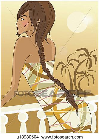 Stock Illustration - Woman with long braid leaning over balcony. Fotosearch