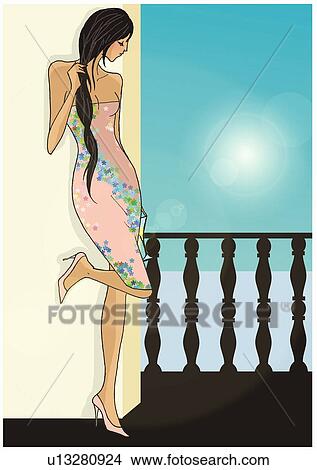 Woman with long hair on in a dress on a balcony View Large Illustration Stock Illustration - Woman with long hair on in a dress on a balcony. Fotosearch