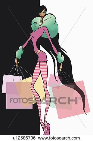 Stock Illustration - Woman with long legs and long hair holding shopping bags. Fotosearch