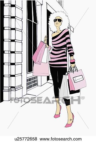 Stock Illustration - Woman with many shopping bags looking cool. Fotosearch