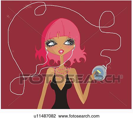 Drawing - Woman with portable CD player listening to music. Fotosearch
