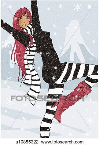Drawing - Young woman dancing in the snow. Fotosearch