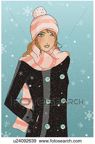 Young woman in snow with hat and scarf View Large Illustration Stock Illustration - Young woman in snow with hat and scarf. Fotosearch