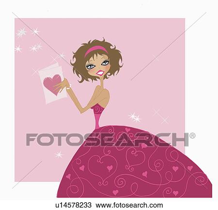 Young woman opening Valentine's card View Large Illustration Drawing - Young woman opening Valentine's card. Fotosearch
