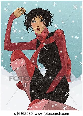 Clipart - Young woman posing in the snow. Fotosearch