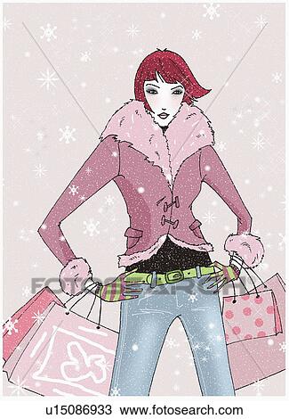 Young woman posing in the snow with shopping bags View Large Illustration Drawing - Young woman posing in the snow with shopping bags. Fotosearch