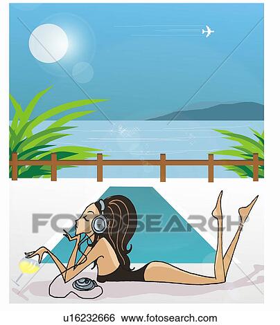 Stock Illustration - Young woman relaxing by the pool with a drink and portable CD player. Fotosearch