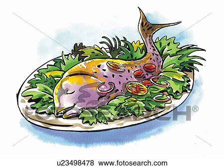 Stock Illustration - A whole fish in a platter on a bed of lettuce. Fotosearch