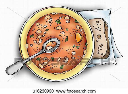 Clipart - Bowl of bean soup with slice of grain bread. Fotosearch