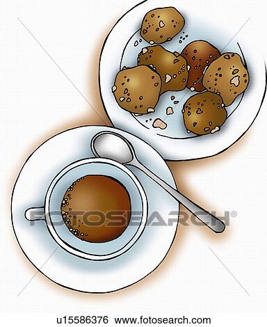 Stock Illustration - Cup of coffee with a plate of cookies. Fotosearch