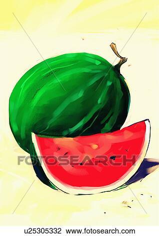 Drawing - One whole and a wedge of watermelon. Fotosearch