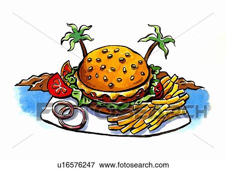 Stock Illustration - Plate of cheeseburger and French fries hovering over a desert island. Fotosearch