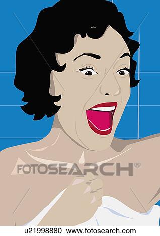 Clipart - 1950s style woman screaming in the shower. Fotosearch