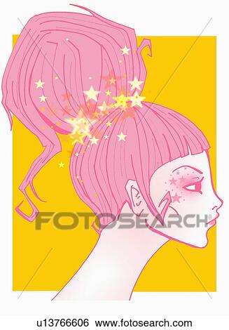 Stock Illustration - Closeup of woman with ponytail and stars. Fotosearch