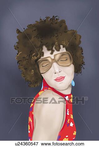 Stock Illustration - Portrait of a hip young woman with curly hair and large sunglasses. Fotosearch