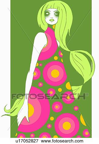 Psychedelic woman in a polka dot dress View Large Illustration Stock Illustration - Psychedelic woman in a polka dot dress. Fotosearch