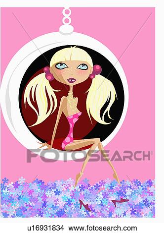 Stock Illustration - Woman in pigtails sitting in hanging chair. Fotosearch