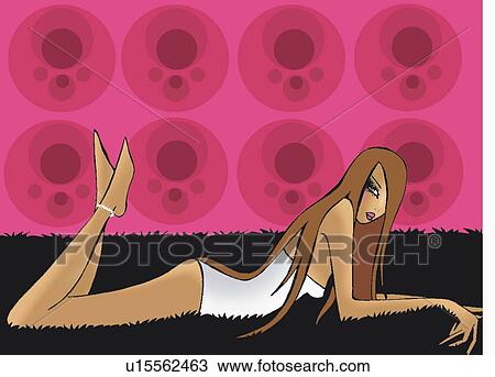 Drawing - Woman lying belly down on a rug. Fotosearch