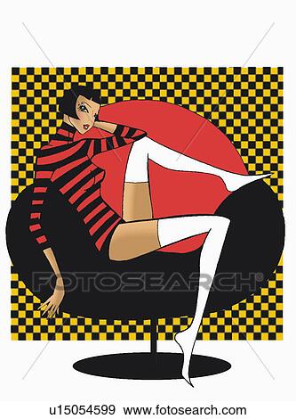 Stock Illustration - Woman sitting on armchair in striped shirt with checkered background. Fotosearch