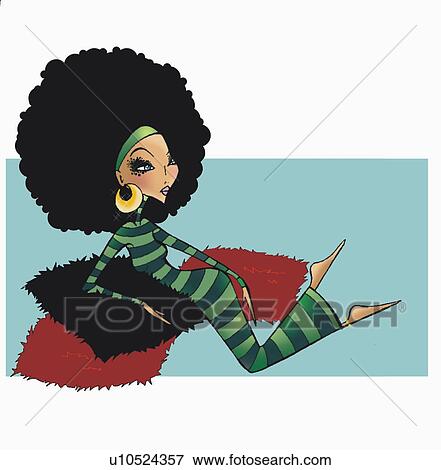 Stock Illustration - Woman with Afro hairdo resting on floor pillows. Fotosearch