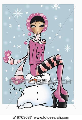 Stock Illustration - Young woman sitting on snowman. Fotosearch