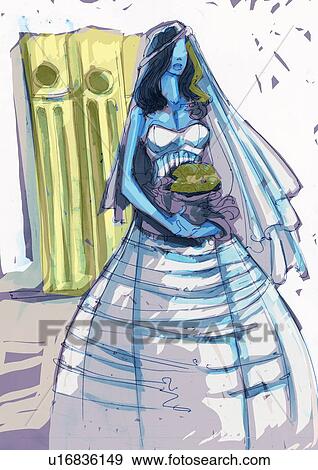 Stock Illustration - Bride standing with her bouquet. Fotosearch
