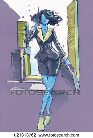 Drawing - Businesswoman with phone and briefcase in hand. Fotosearch