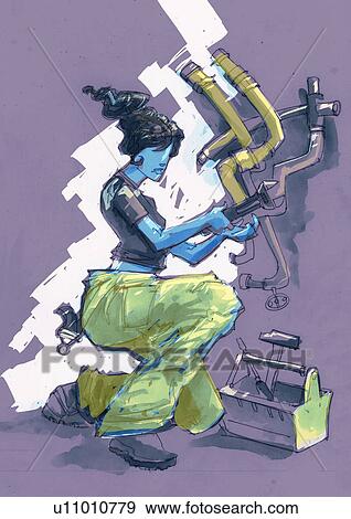 Stock Illustration - Female plumber working on pipes. Fotosearch