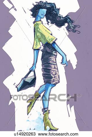 Drawing - Side view of woman walking with her bag. Fotosearch