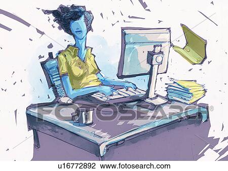 Drawing - Woman at desk with computer. Fotosearch