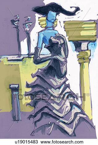 Drawing - Woman dressed elegantly in front of columns. Fotosearch