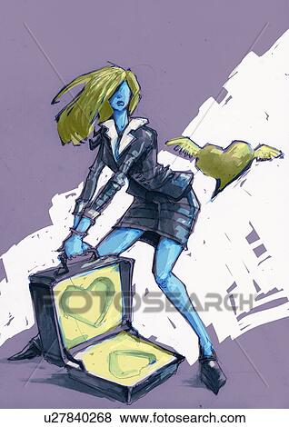 Woman dressed in business suit with an open suitcase View Large Illustration Stock Illustration - Woman dressed in business suit with an open suitcase. Fotosearch