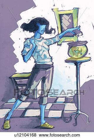 Stock Illustration - Woman feeding her fish in the bowl. Fotosearch