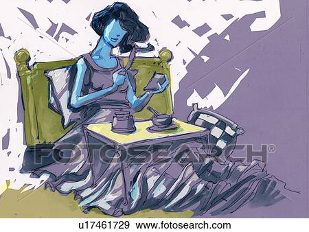 Woman having breakfast in bed View Large Illustration Stock Illustration - Woman having breakfast in bed. Fotosearch