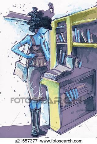 Stock Illustration - Woman in a bookstore reading a book. Fotosearch