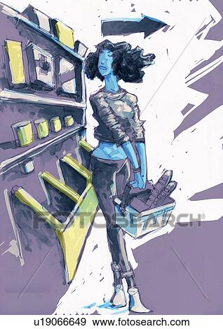 Woman in a supermarket shopping for food View Large Illustration Stock Illustration - Woman in a supermarket shopping for food. Fotosearch