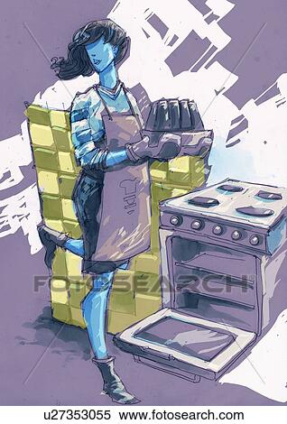 Stock Illustration - Woman in apron baking. Fotosearch