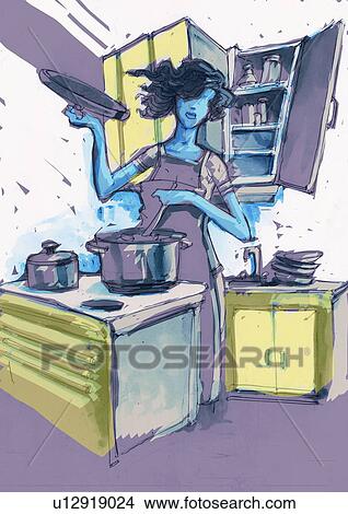 Woman in kitchen cooking View Large Illustration Stock Illustration - Woman in kitchen cooking. Fotosearch